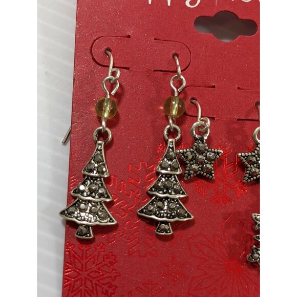 Happy Holidays Set of 3 Silver Tone Christmas Tree Snowflake Star Dangle Earring - Picture 2 of 6